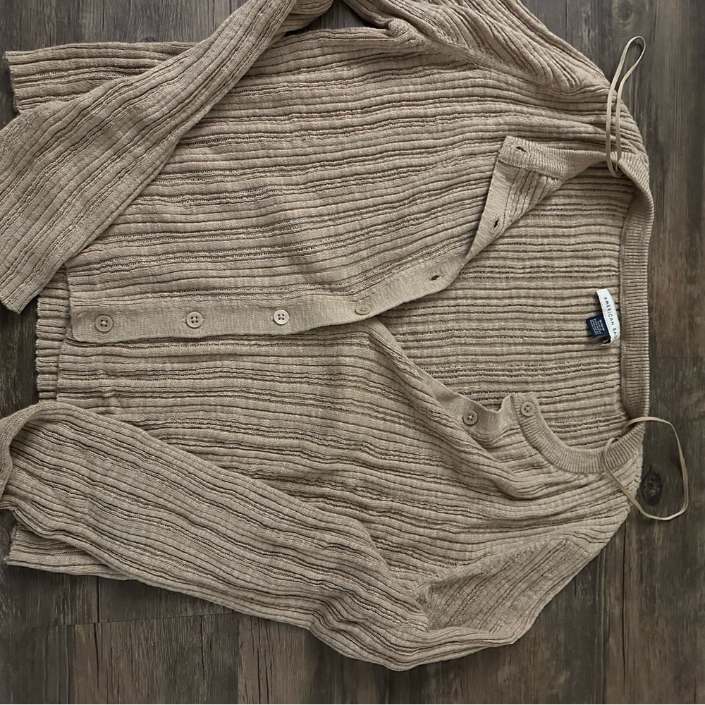 American Eagle Outfitters Ribbed Button-Front Cardigan in Tan